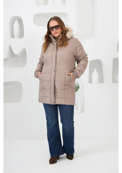 Büyük Beden Kapüşonlu Şişme Mont Vizon fiyatları