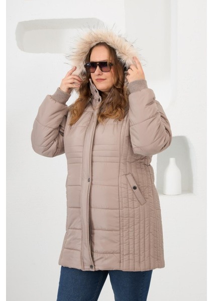 Büyük Beden Kapüşonlu Şişme Mont Vizon modelleri