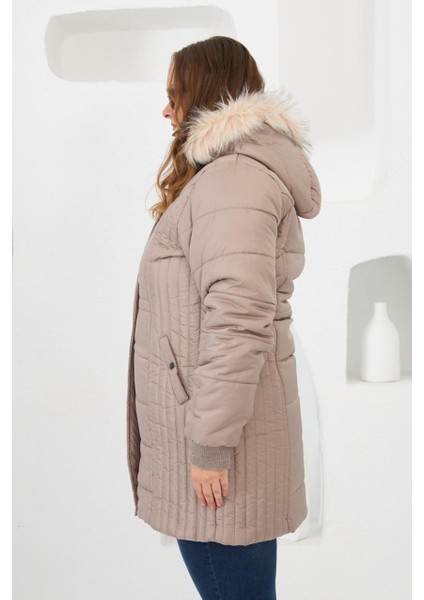 Büyük Beden Kapüşonlu Şişme Mont Vizon fırsatları