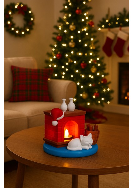 Yılbaşı Şömineli Kedi & LED Mum Dekoru