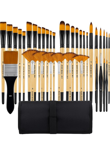 Siyah Çantalı 32 Adet Fırçada Oluşan Sanat Seti Guaj Akrilik Yağlı Boya Sulu Boya