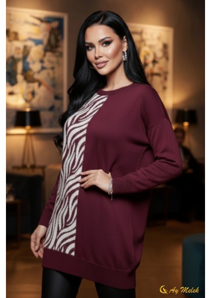 Kadın Triko Kazak Uzun Bisiklet Yaka Zebra Desen Kazak