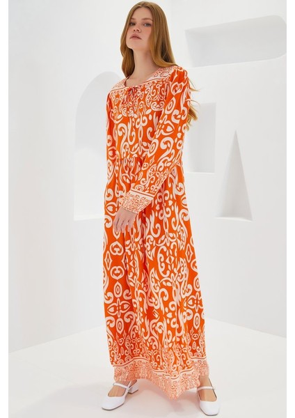 Turuncu Ekru Desenli Uzun Viskon Elbise 1947 fiyatları