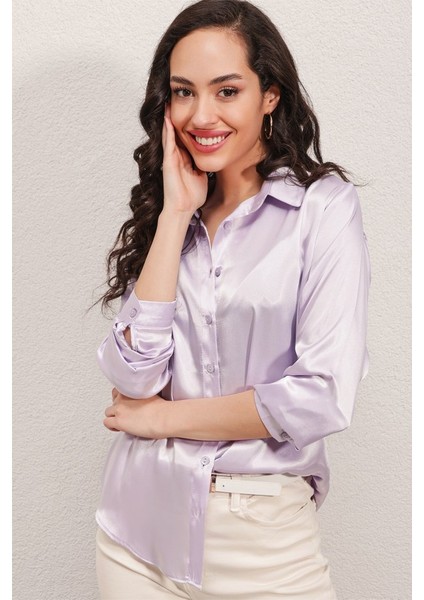 3964 Hafif Dökümlü Saten Gömlek - B.lila fiyatları