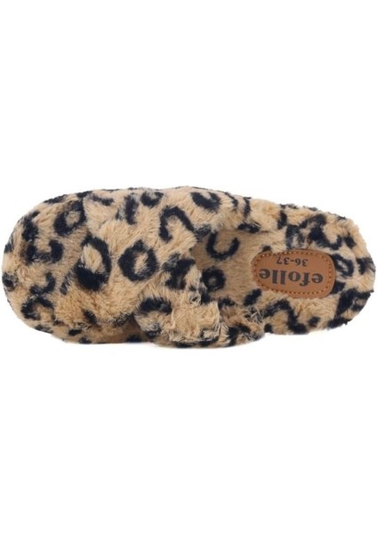 Kadın Leopar Desenli Peluş Çapraz Bantlı Ev Terliği Kaymaz Taban, Yumuşak ve Sıcak Peluş Kumaş fırsatları