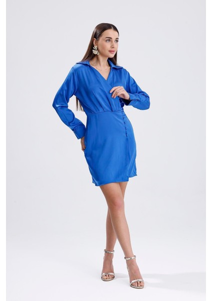 Kadın Mavi Kruvaze Yaka Gömlek Tarzı Parlak Saten Mini Elbise Uzun Kollu Abiye Elbise Yılbaşı fiyatları