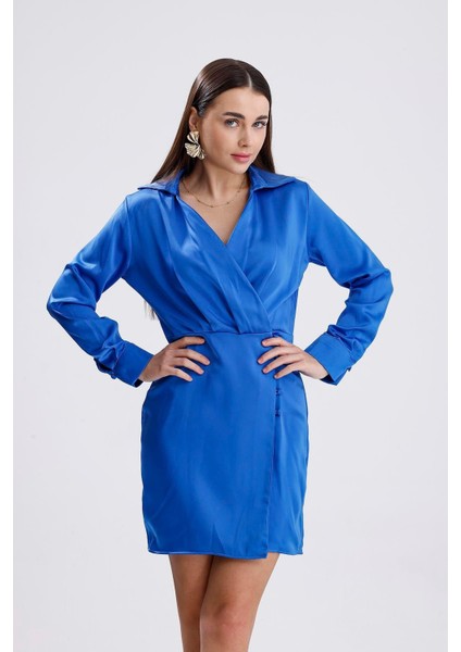 Kadın Mavi Kruvaze Yaka Gömlek Tarzı Parlak Saten Mini Elbise Uzun Kollu Abiye Elbise Yılbaşı modelleri