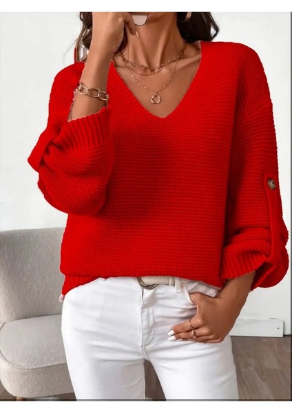 Cottonlab Kadın Uzun Kollu V Yakalı Düğmeli Triko Bluz