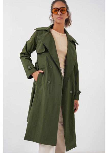 5938 Kruvaze Yaka Trençkot - Haki