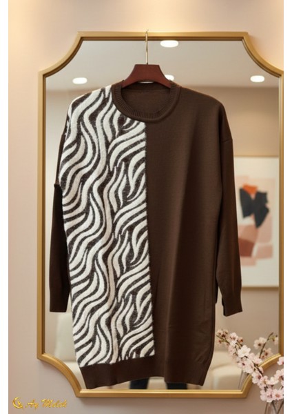 Kadın Triko Kazak Uzun Bisiklet Yaka Zebra Desen Kazak modelleri