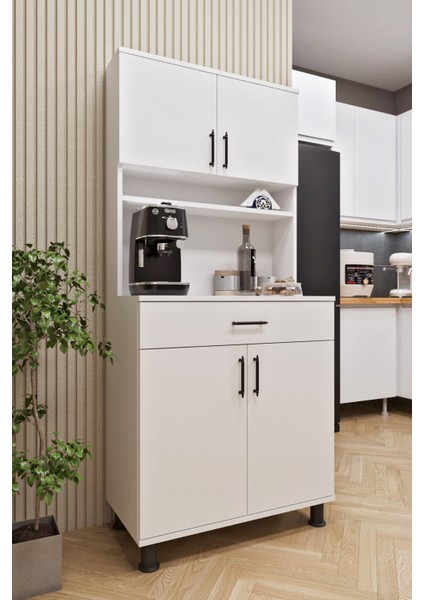 ESL0173 Kahve Köşesi Çok Amaçlı Dolap 4 Kapaklı 1 Çekmeceli Kiler Mutfak Dolabı Beyaz