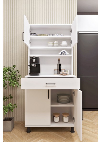ESL0173 Kahve Köşesi Çok Amaçlı Dolap 4 Kapaklı 1 Çekmeceli Kiler Mutfak Dolabı Beyaz fiyatları