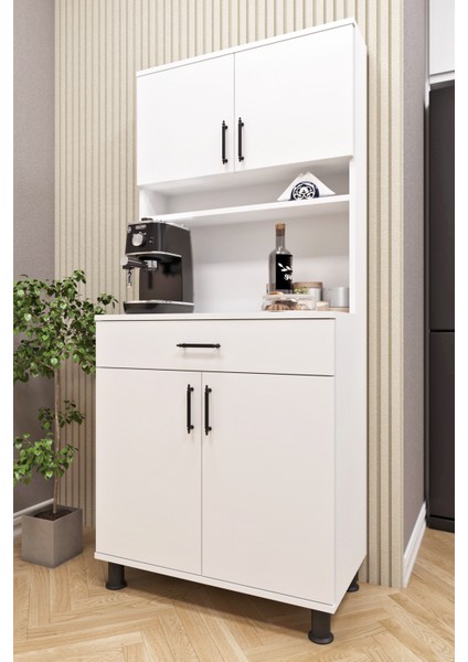 ESL0173 Kahve Köşesi Çok Amaçlı Dolap 4 Kapaklı 1 Çekmeceli Kiler Mutfak Dolabı Beyaz modelleri