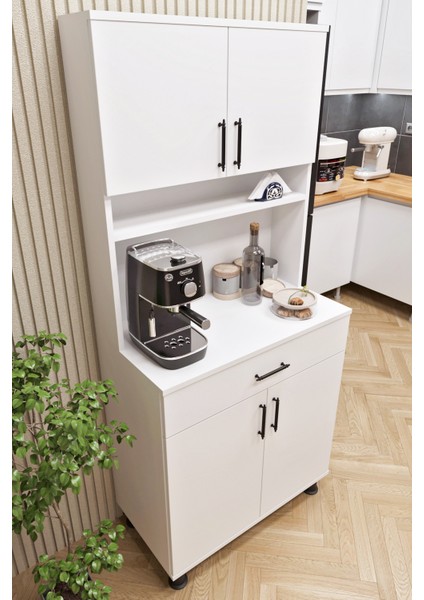 ESL0173 Kahve Köşesi Çok Amaçlı Dolap 4 Kapaklı 1 Çekmeceli Kiler Mutfak Dolabı Beyaz fırsatları