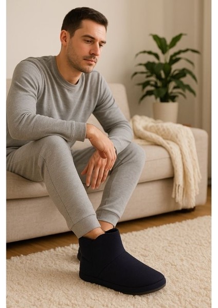 Erkek Termo Taban Peluş Astar Siyah Ev Botu Sıcak Tutan Konforlu Kışlık Ev Ayakkabısı