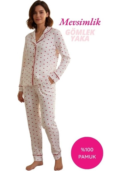 Kadın Beyaz Kırmızı Kalp Desenli %100 Pamuk Fitilli Kumaş Mevsimlik Uzun Kol Cepli Pijama Takımı