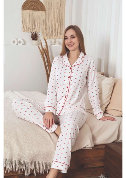 Kadın Beyaz Kırmızı Kalp Desenli %100 Pamuk Fitilli Kumaş Mevsimlik Uzun Kol Cepli Pijama Takımı fırsatları
