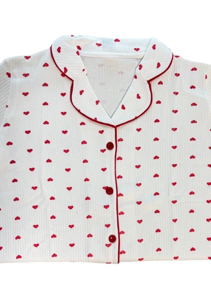 Kadın Beyaz Kırmızı Kalp Desenli %100 Pamuk Fitilli Kumaş Mevsimlik Uzun Kol Cepli Pijama Takımı indirimleri