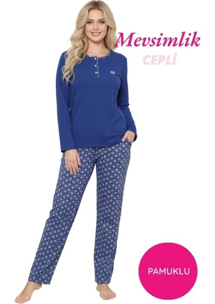 Kadın Etnik Desenli 3 Düğme Pamuk Likra Mevsimlik Uzun Kol Pijama Takımı