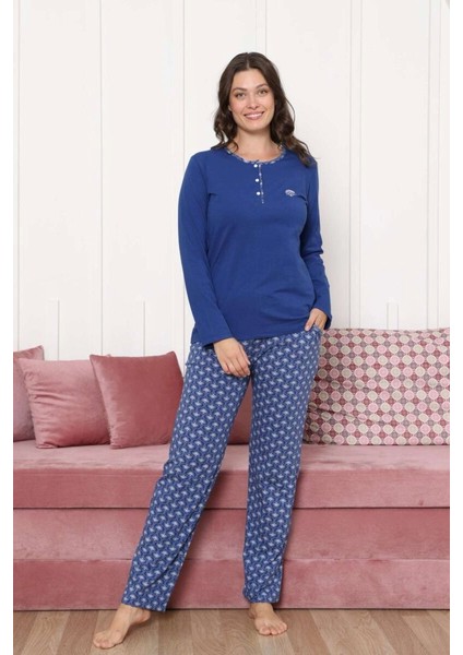 Kadın Etnik Desenli 3 Düğme Pamuk Likra Mevsimlik Uzun Kol Pijama Takımı modelleri
