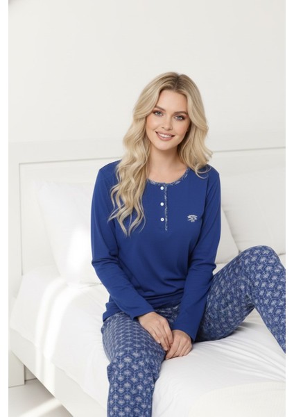 Kadın Etnik Desenli 3 Düğme Pamuk Likra Mevsimlik Uzun Kol Pijama Takımı fırsatları