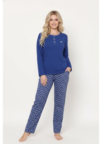 Kadın Etnik Desenli 3 Düğme Pamuk Likra Mevsimlik Uzun Kol Pijama Takımı indirimleri