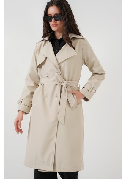 5918 Kruvaze Yaka Trençkot - Bej