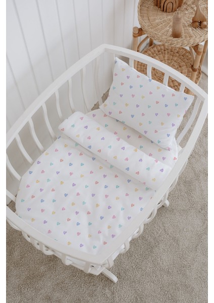%100 Pamuklu Poplin Bebek Beşik Nevresim Seti 80X120 cm - Renkli Kalpler