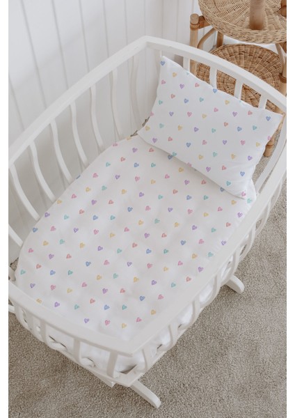 %100 Pamuklu Poplin Bebek Beşik Nevresim Seti 80X120 cm - Renkli Kalpler fiyatları