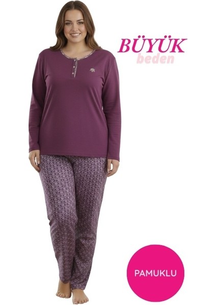 Kadın Etnik Desenli 3 Düğme Pamuk Likra Mevsimlik Uzun Kol Pijama Takımı