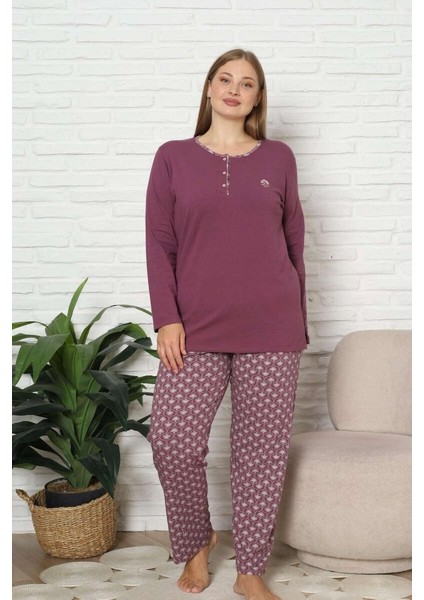 Kadın Etnik Desenli 3 Düğme Pamuk Likra Mevsimlik Uzun Kol Pijama Takımı modelleri