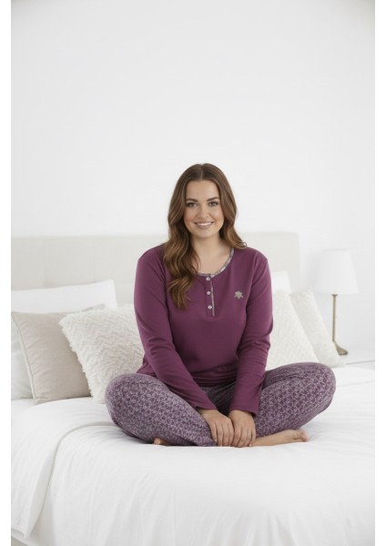 Kadın Etnik Desenli 3 Düğme Pamuk Likra Mevsimlik Uzun Kol Pijama Takımı fırsatları