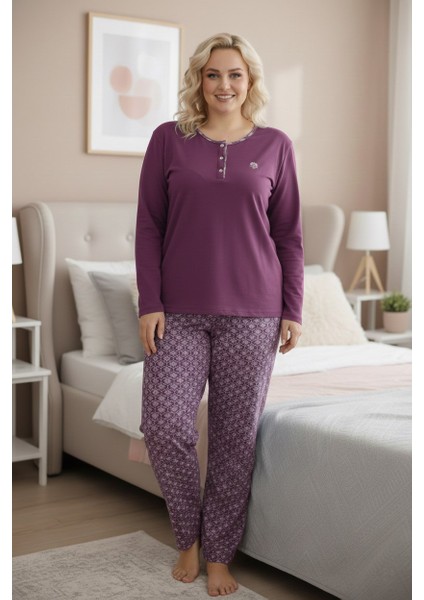 Kadın Etnik Desenli 3 Düğme Pamuk Likra Mevsimlik Uzun Kol Pijama Takımı indirimleri