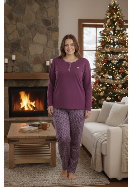 Kadın Etnik Desenli 3 Düğme Pamuk Likra Mevsimlik Uzun Kol Pijama Takımı