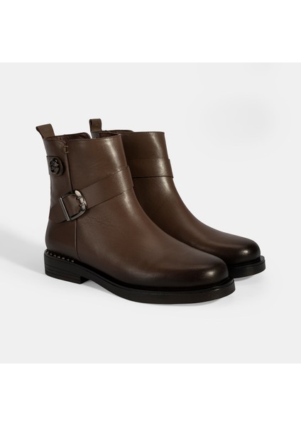 Kadın Kahve Metal Toka Detaylı Deri Bot