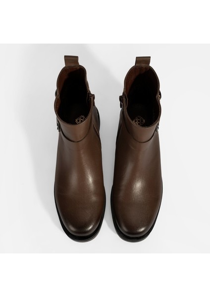 Kadın Kahve Metal Toka Detaylı Deri Bot