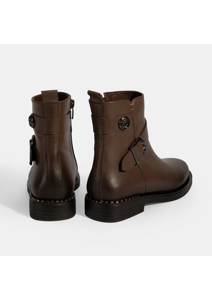 Kadın Kahve Metal Toka Detaylı Deri Bot