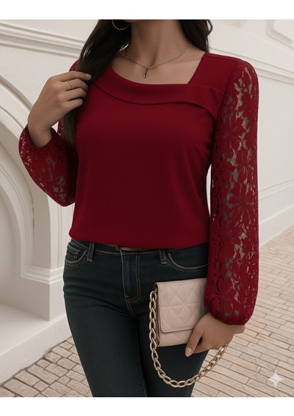 Cottonlab Kadın Uzun Kollu Asimetrik Yakalı Dantelli Ithal Krep Bluz