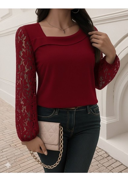 Cottonlab Kadın Uzun Kollu Asimetrik Yakalı Dantelli Ithal Krep Bluz fırsatları