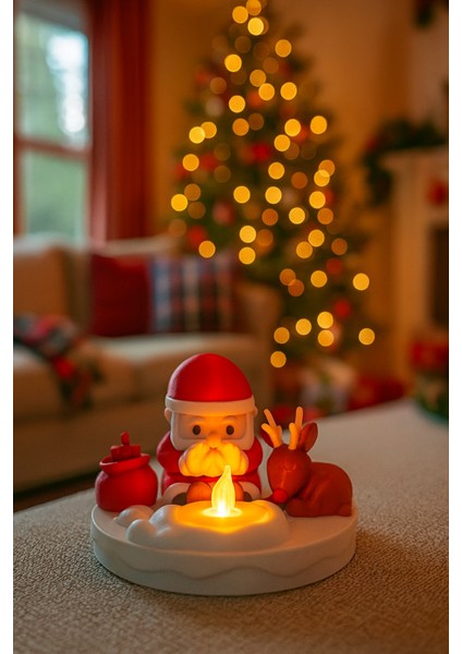 Mini LED Işıklı Yılbaşı Dekoru – Noel Baba & Geyik Kamp Ateşi | 3D Tasarım | Loş Ortam Işığı | Masaüstü Yeni Yıl Süsü