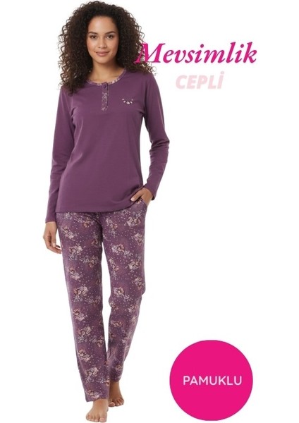 Kadın Çiçek Desenli 3 Düğmeli Pamuk Likra Mevsimlik Uzun Kol Pijama Takımı