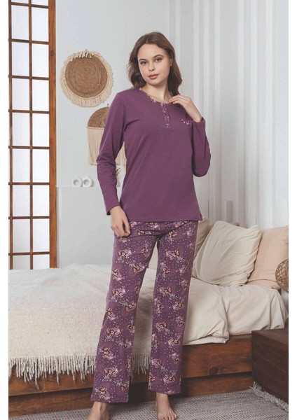 Kadın Çiçek Desenli 3 Düğmeli Pamuk Likra Mevsimlik Uzun Kol Pijama Takımı modelleri
