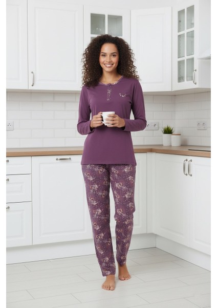 Kadın Çiçek Desenli 3 Düğmeli Pamuk Likra Mevsimlik Uzun Kol Pijama Takımı indirimleri