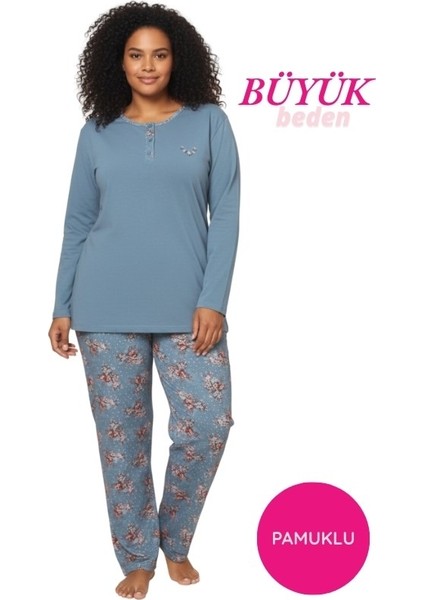 Kadın Çiçek Desenli 3 Düğmeli Pamuk Likra Mevsimlik Uzun Kol Pijama Takımı