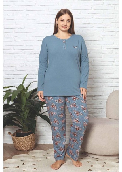 Kadın Çiçek Desenli 3 Düğmeli Pamuk Likra Mevsimlik Uzun Kol Pijama Takımı modelleri