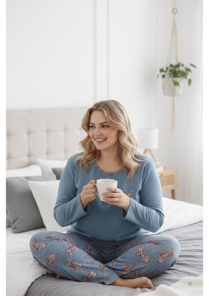 Kadın Çiçek Desenli 3 Düğmeli Pamuk Likra Mevsimlik Uzun Kol Pijama Takımı indirimleri