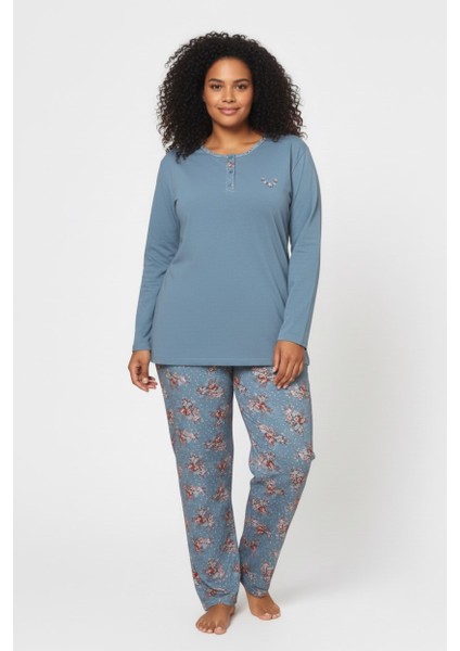 Kadın Çiçek Desenli 3 Düğmeli Pamuk Likra Mevsimlik Uzun Kol Pijama Takımı