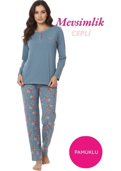 Kadın Çiçek Desenli 3 Düğmeli Pamuk Likra Mevsimlik Uzun Kol Pijama Takımı