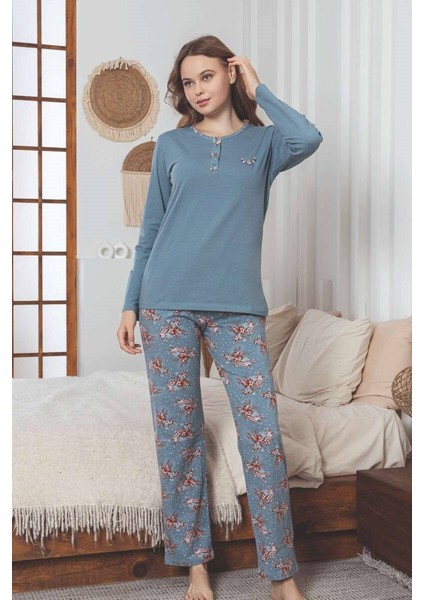 Kadın Çiçek Desenli 3 Düğmeli Pamuk Likra Mevsimlik Uzun Kol Pijama Takımı modelleri
