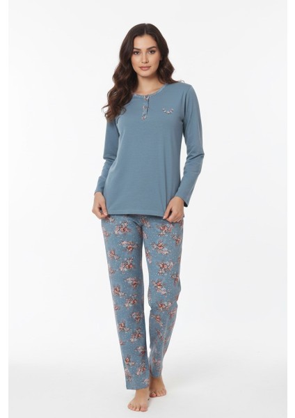 Kadın Çiçek Desenli 3 Düğmeli Pamuk Likra Mevsimlik Uzun Kol Pijama Takımı
